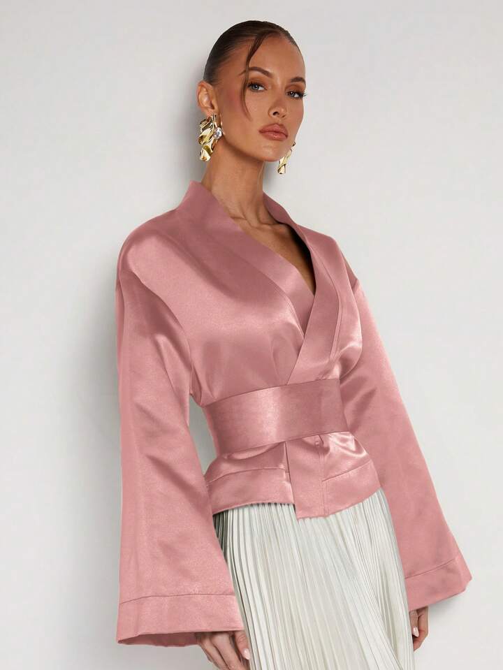 CM-TS829270 Women Elegant Seoul Style Solid Color V-Neck Wrap Flared Sleeve Blouse - Pink