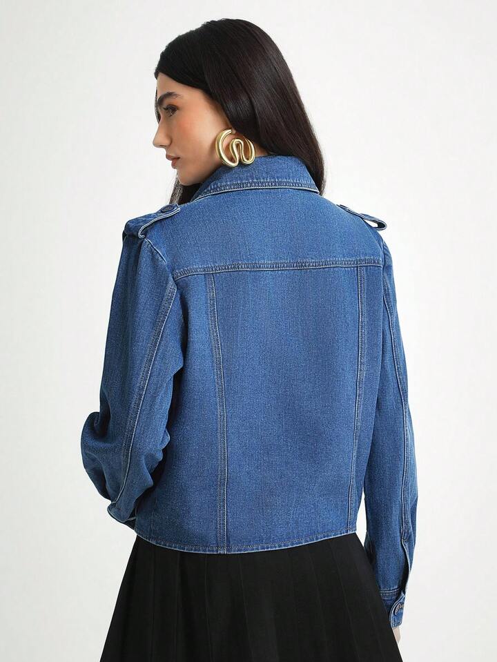 CM-TS750414 Women Elegant Seoul Style Medium Wash Collar Neckline Single-Breasted Long Sleeve Denim Blouse