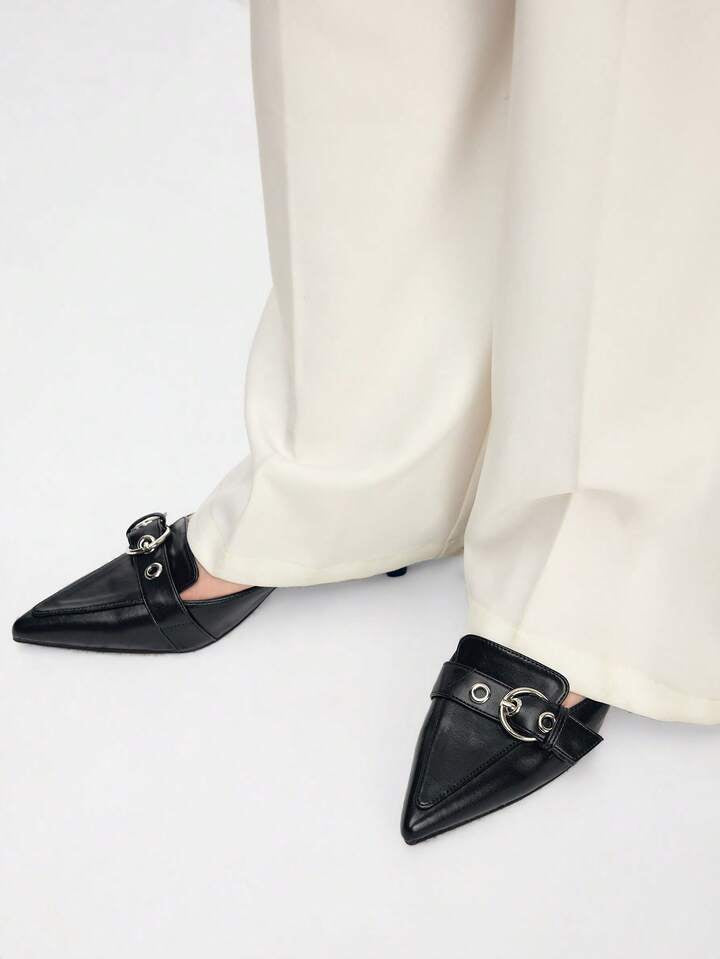 CM-SHS472346 Women Trendy Seoul Style Pointed Toe Buckle Design High Heel Mules - Black