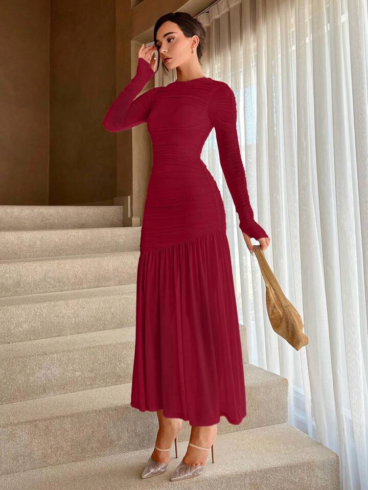 CM-DS494737 Women Elegant Seoul Style Round Neck Solid Ruched Ruffle Hem Dress - Burgundy