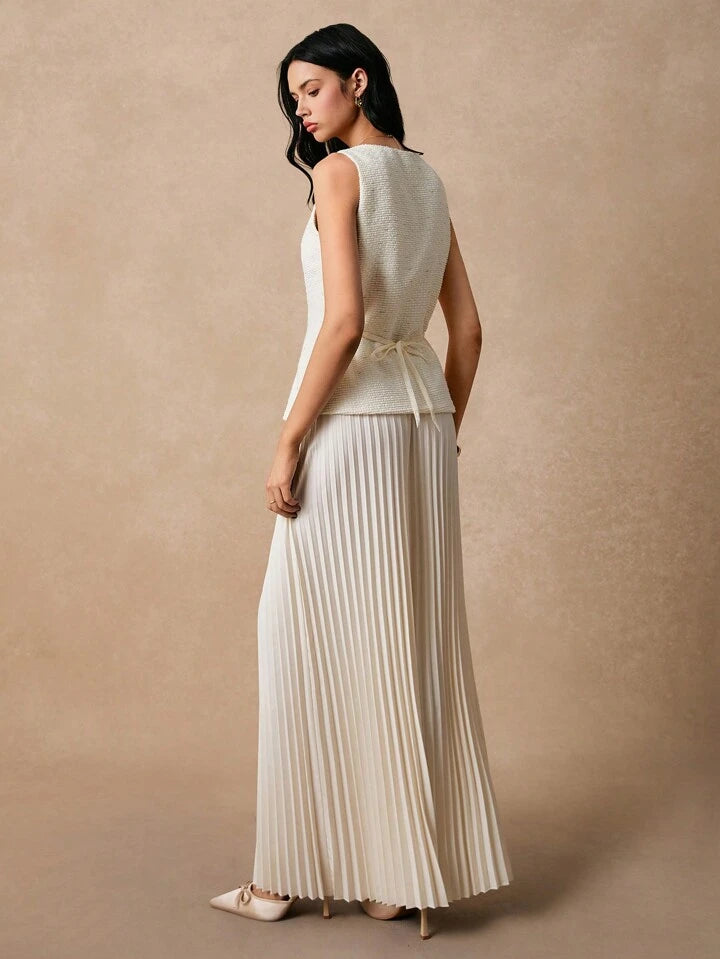 CM-SS551165 Women Elegant Seoul Style Single-Breasted Square Neck Vest With Pleated Midi Skirt - Set