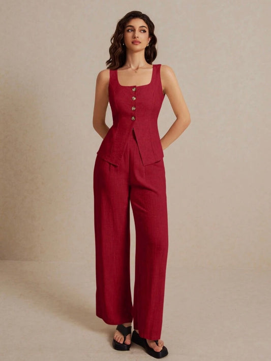 CM-SS698023 Women Casual Seoul Style Metal Button Embellishment Split Square Neck Sleeveless Vest With Pants - Set