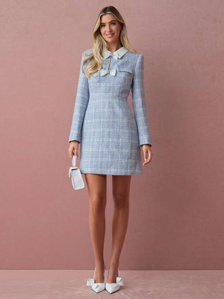 CM-DS788805 Women Elegant Seoul Style Plaid Print Bow Decor Collar Neckline Long Sleeve Mini Dress - Blue