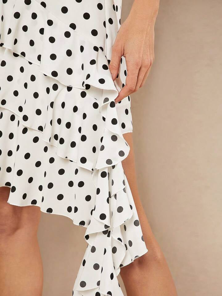 CM-BS788289 Women Casual Seoul Style Polka Dot Draped Ruffle Tiered Skirt