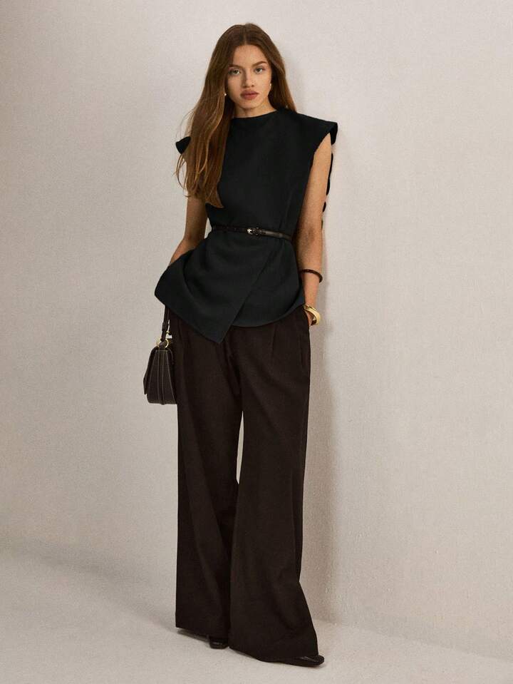CM-TS065879 Women Elegant Seoul Style Stand Collar Sleeveless Asymmetric Hem Loose Blouse - Black