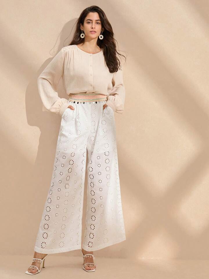 CM-BS353019 Women Trendy Bohemian Style Patchwork Drop Waist Wide Leg Long Pants - White