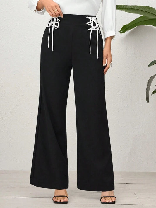 CM-BS517705 Women Casual Seoul Style Drawstring High-Waist Wide-Leg Pants - Black