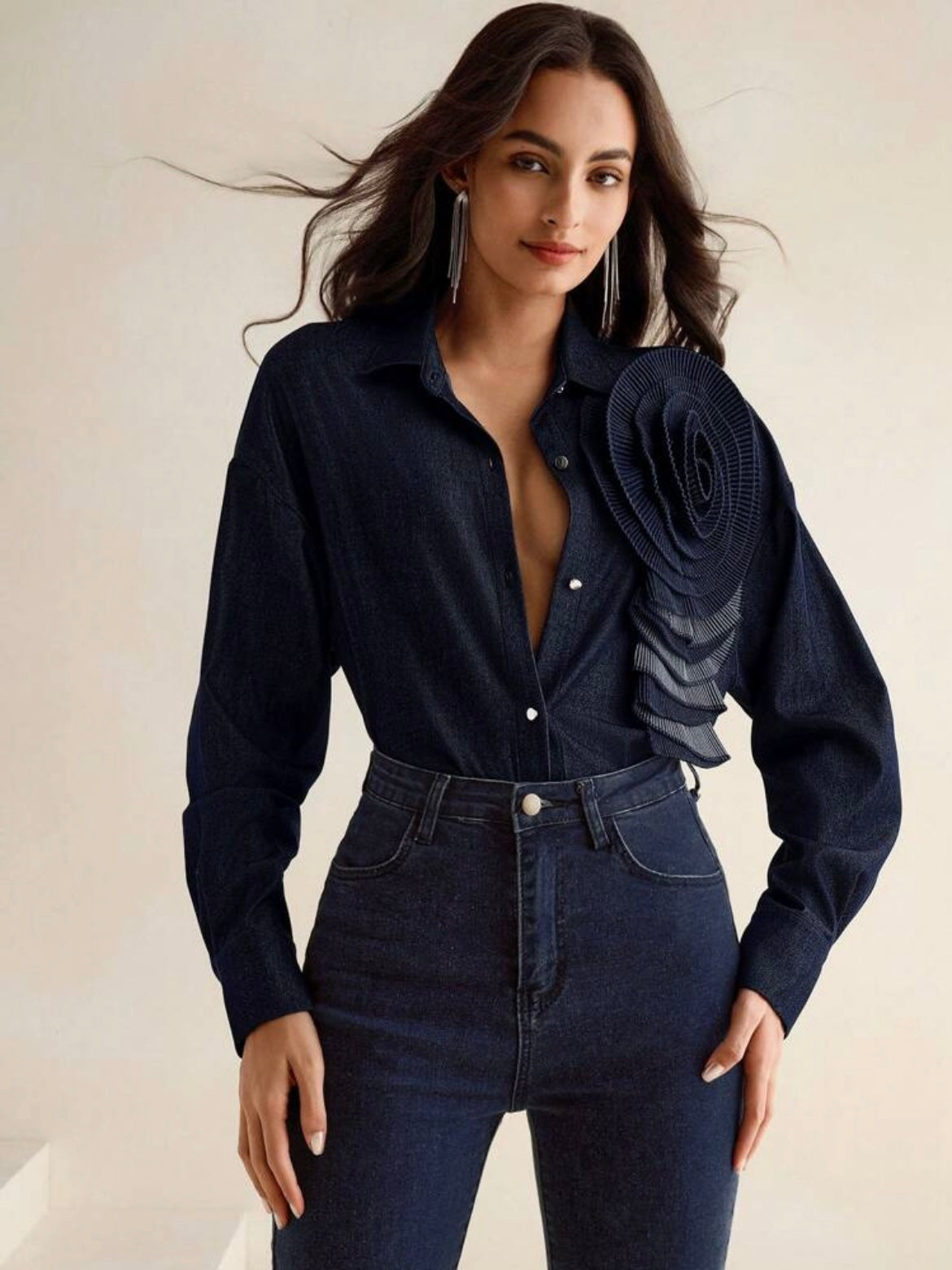 CM-TS053019 Women Elegant Seoul Style Drop Shoulder Collared Pleated 3D Floral Denim Blouse