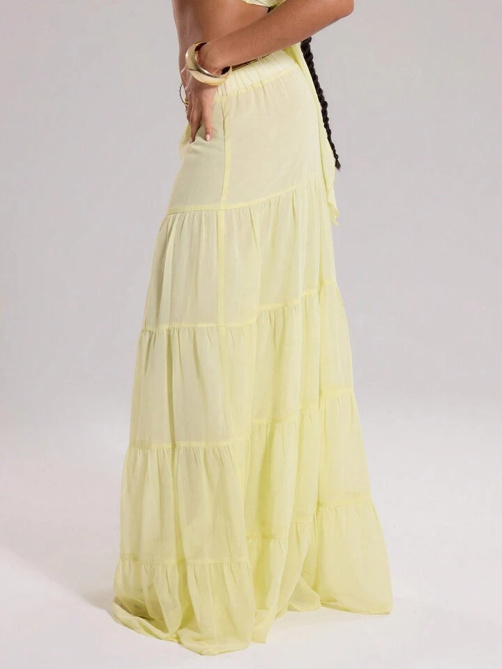 CM-BS411144 Women Trendy Bohemian Style Chiffon Layered Tiered Loose Maxi Skirt - Yellow