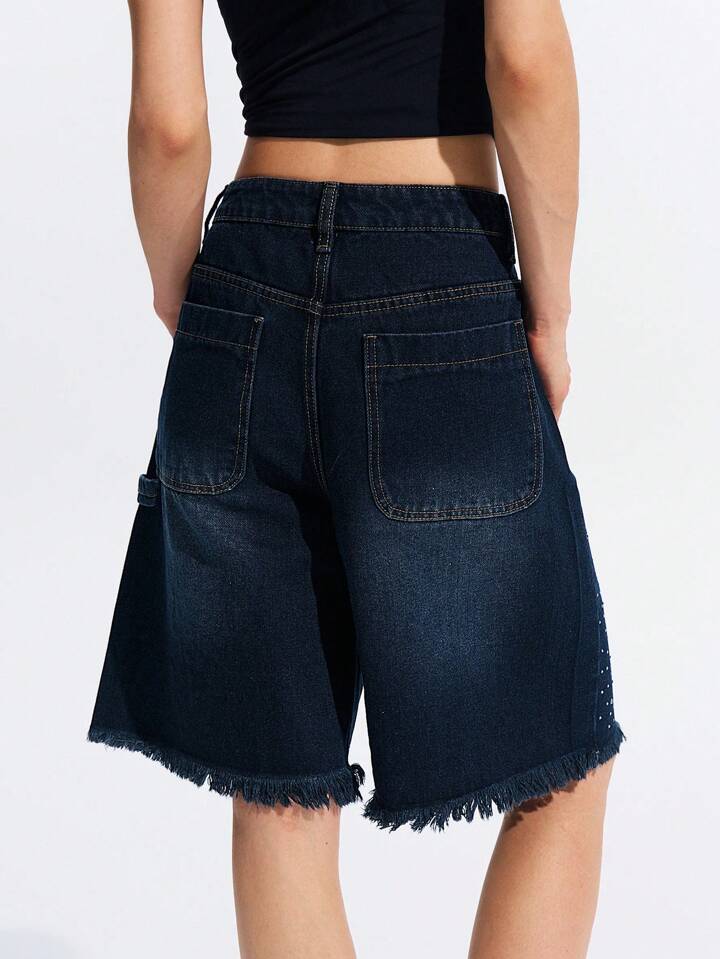 CM-BS943987 Women Casual Seoul Style Rhinestone Side Pockets Drop Waist Loose Denim Shorts