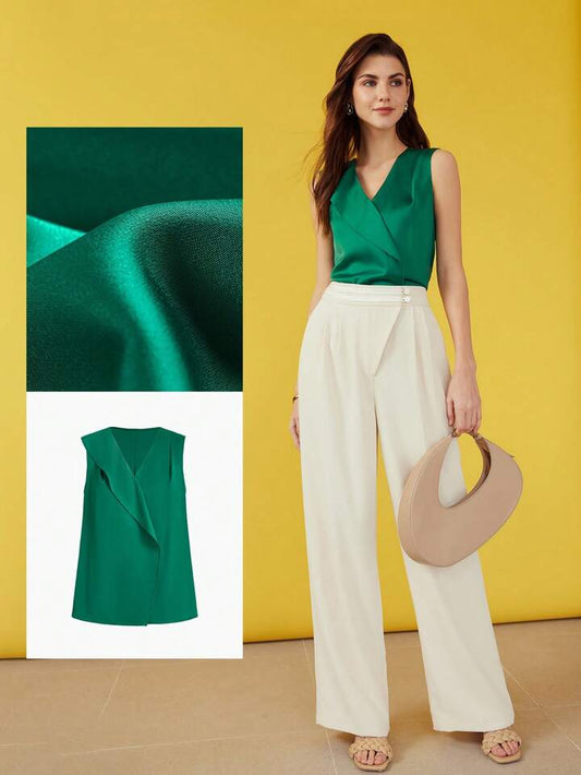 CM-TS398050 Women Elegant Seoul Style Solid Color V-Neck Sleeveless Blouse - Green