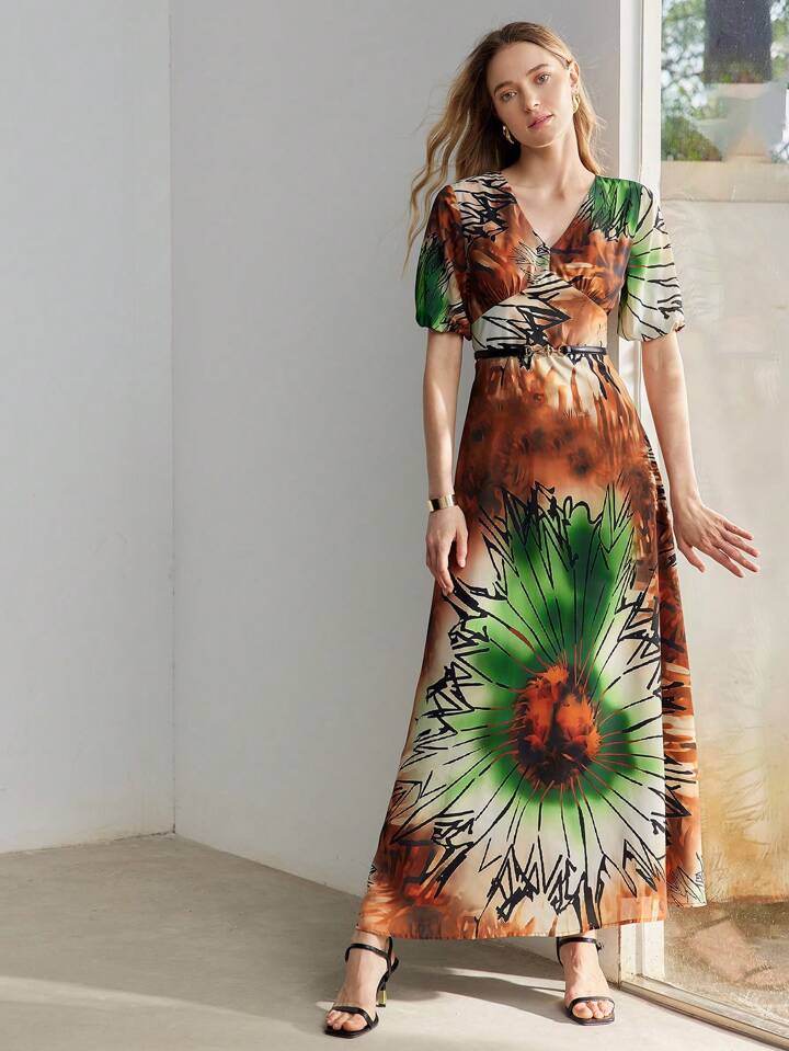 CM-DS293333 Women Elegant Seoul Style Tie-Dye Printed V-Neck Short Puff Sleeve Maxi Dress