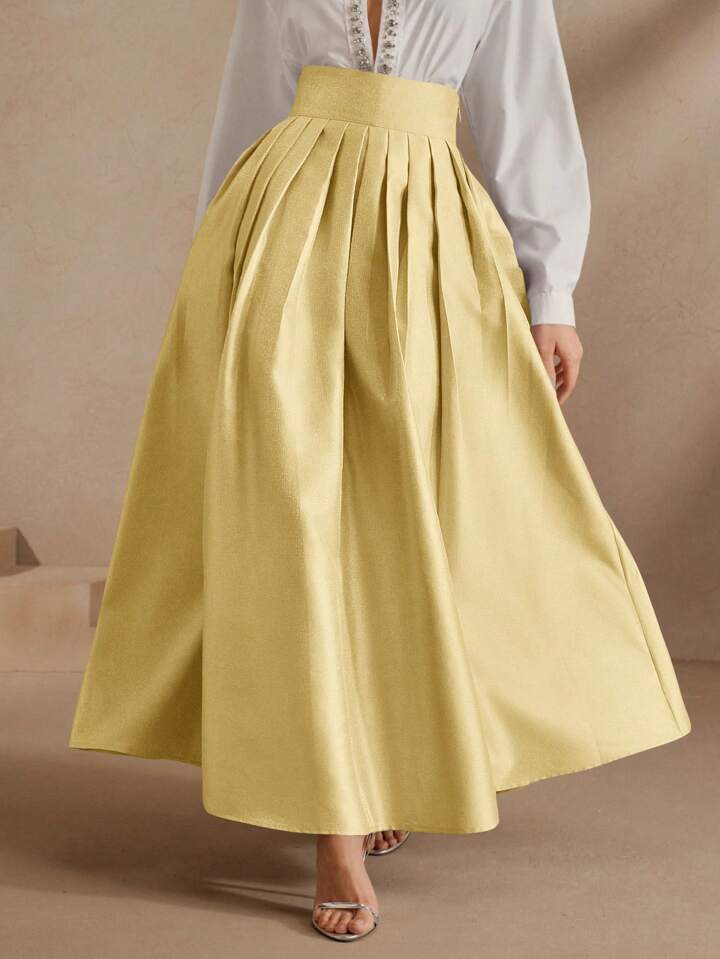 CM-BS095680 Women Elegant Seoul Style High Waisted Puff Pleated Long Skirt - Ginger
