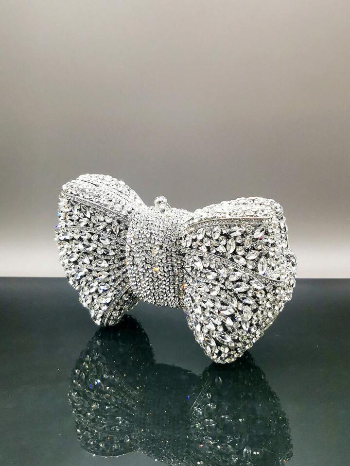 CM-BGS200126 Women Trendy Seoul Style Handmade Rhinestone Embellished Bow Clutch Purse - Silver