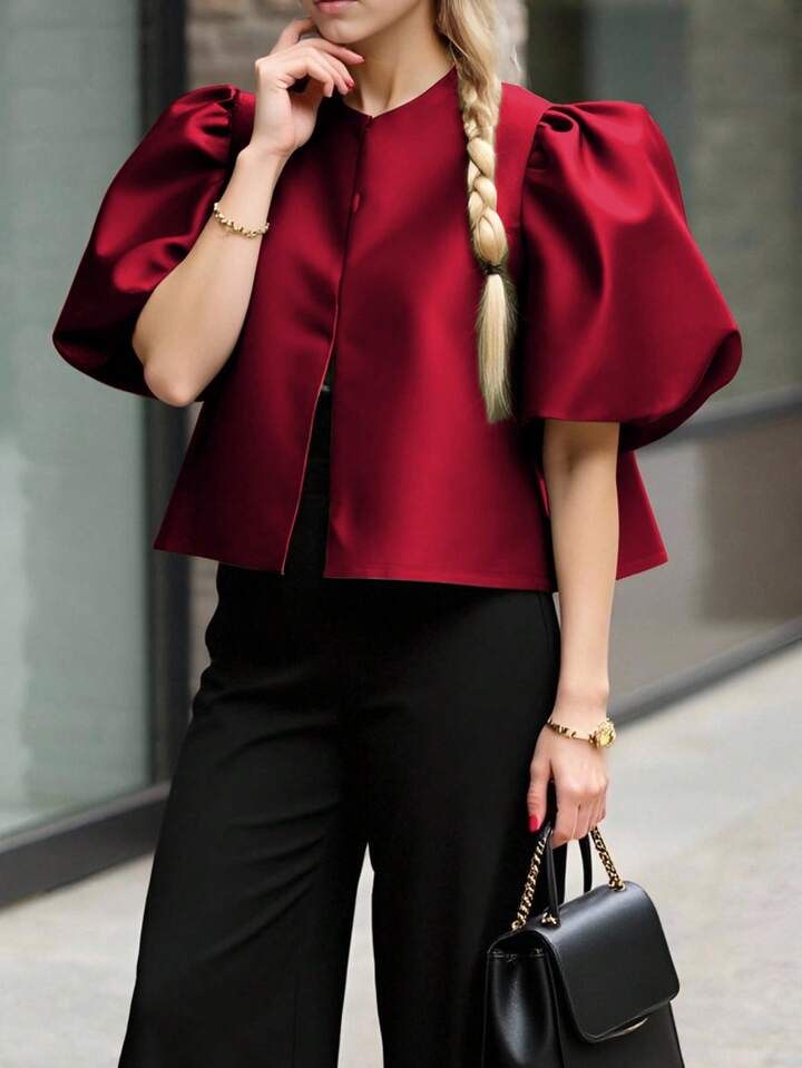 CM-TS466777 Women Elegant Seoul Style Solid Color Round Neck Puff Sleeve Shirt - Red