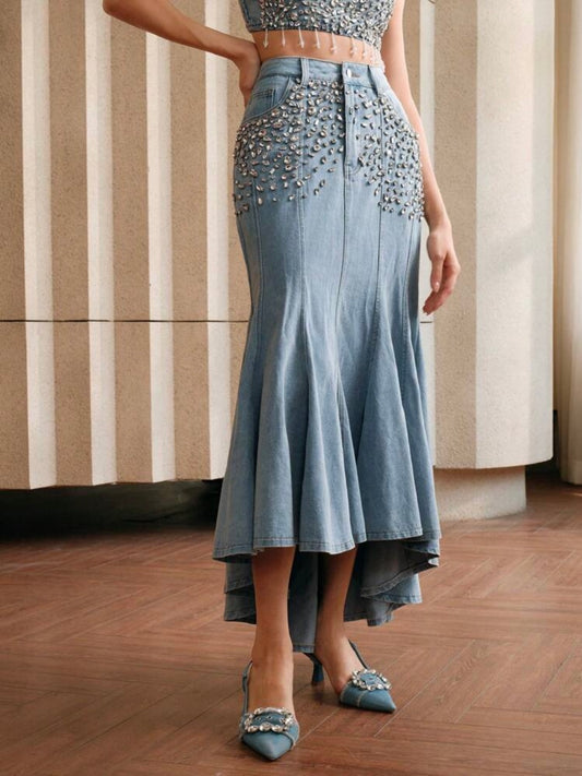 CM-BS729728 Women Elegant Seoul Style Rhinestone Embellished Mermaid Denim Skirt - Blue