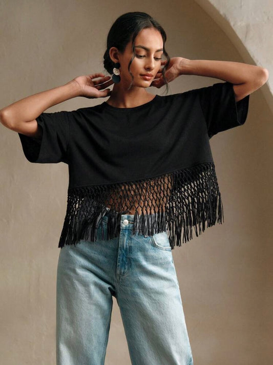 CM-TS048023 Women Trendy Bohemian Style Round Neck Short Sleeve Braided Tassel Patchwork T-Shirt