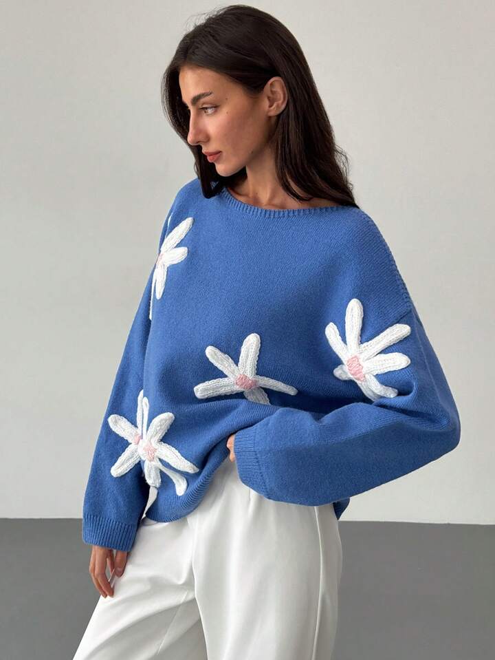 CM-CS548363 Women Casual Seoul Style 3D Floral Decoration Loose Fit Long Sleeve Sweater - Blue