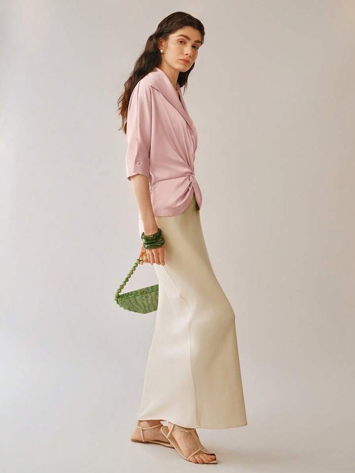 CM-TS548202 Women Elegant Seoul Style Waterfull Neckline Twill Lapel Twist Batwing Sleeve Blouse - Dusty Pink