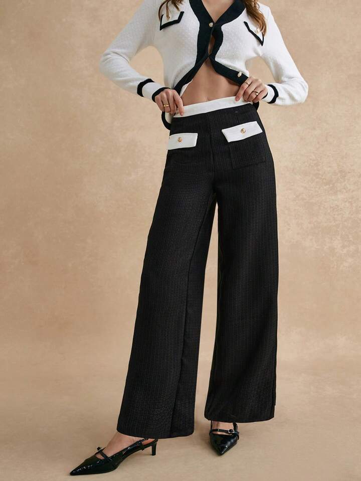 CM-BS914441 Women Elegant Seoul Style Tweed Patchwork Front Button Pocket Extra Long Pants