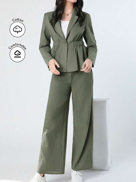 CM-SS987222 Women Elegant Seoul Style Long Sleeve Ruffled Hem Blazer With Pants Suit - Green