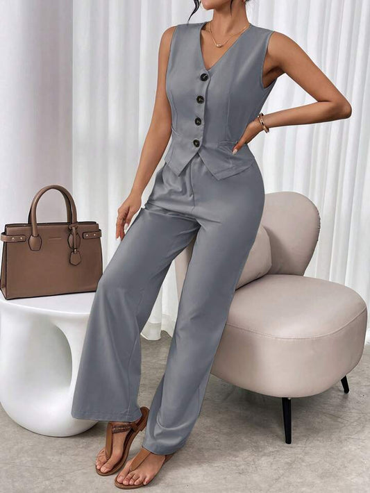 CM-SS914049 Women Casual Seoul Style V-Neck Sleeveless Single Breasted Suit Vest With Long Pants - Gray