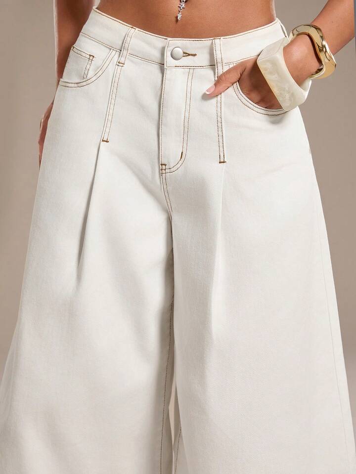 CM-BS133264 Women Casual Seoul Style Mid Waist Pockets Button Wide Leg Jeans - White