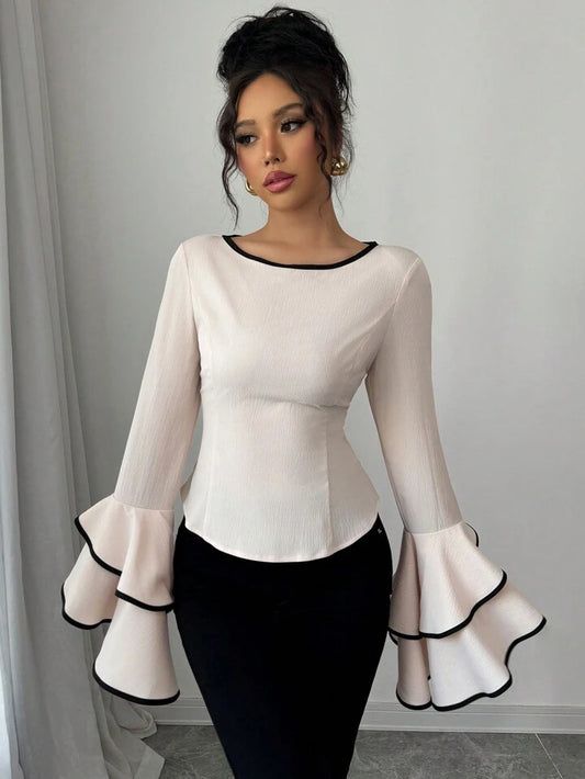 CM-TS611339 Women Elegant Seoul Style Round Neck Raglan Bell Sleeve Double Hem Contrast Color Shirt