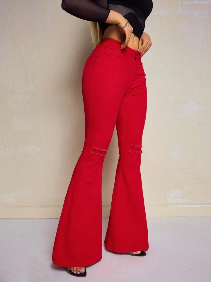 CM-BS413312 Women Casual Seoul Style Solid Color Frayed Hem Skinny Flared Jeans - Red