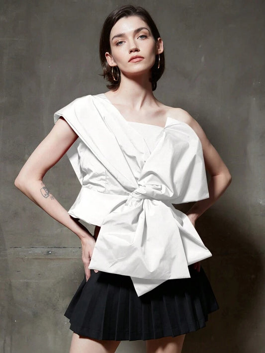 CM-TS911290 Women Casual Seoul Style Front Bow Asymmetrical Collar Blouse - White