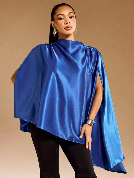 CM-TS529165 Women Elegant Seoul Style Stand Collar Satin Draped Asymmetrical Hem Cape Top - Blue