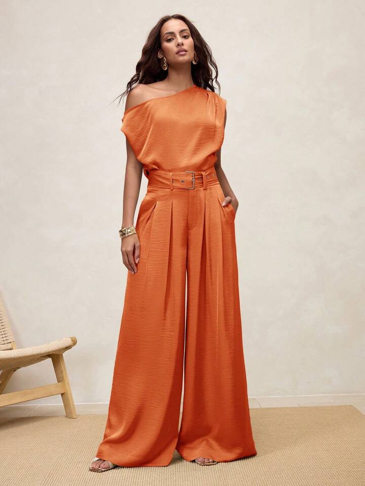 CM-BS906464 Women Casual Seoul Style High Waist Pleated Wide Leg Pants - Orange