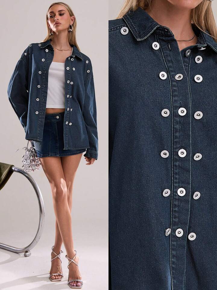 CM-CS944821 Women Casual Seoul Style Dark Wash Shirt Collar Long Sleeve Rivet Decor Denim Jacket
