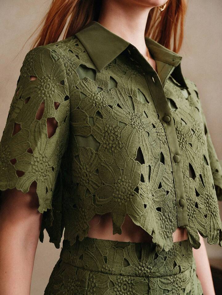 CM-SS464228 Women Trendy Bohemian Style Laser Cut Out Embroidered Short Sleeve Crop Top With Wide Leg Pants - Set