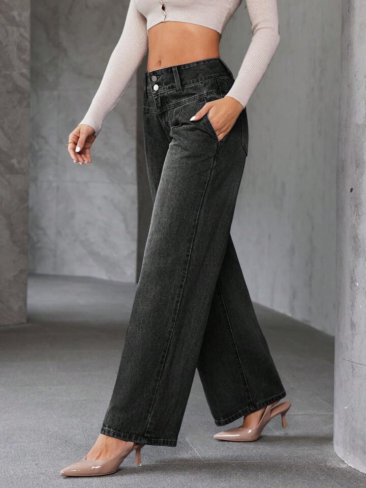 CM-BS372331 Women Casual Seoul Style Front Button Pocket Wide Leg Denim Jeans - Dark Gray