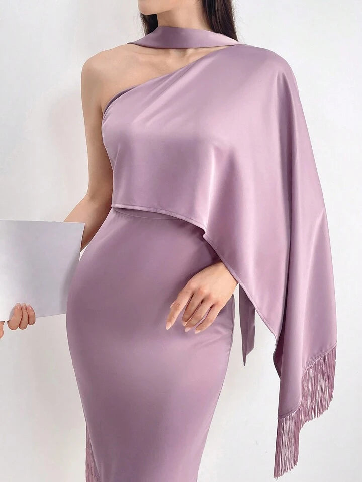 CM-DS388371 Women Elegant Seoul Style Slim Fit Fringed One Shoulder Party Dress - Dusty Pink