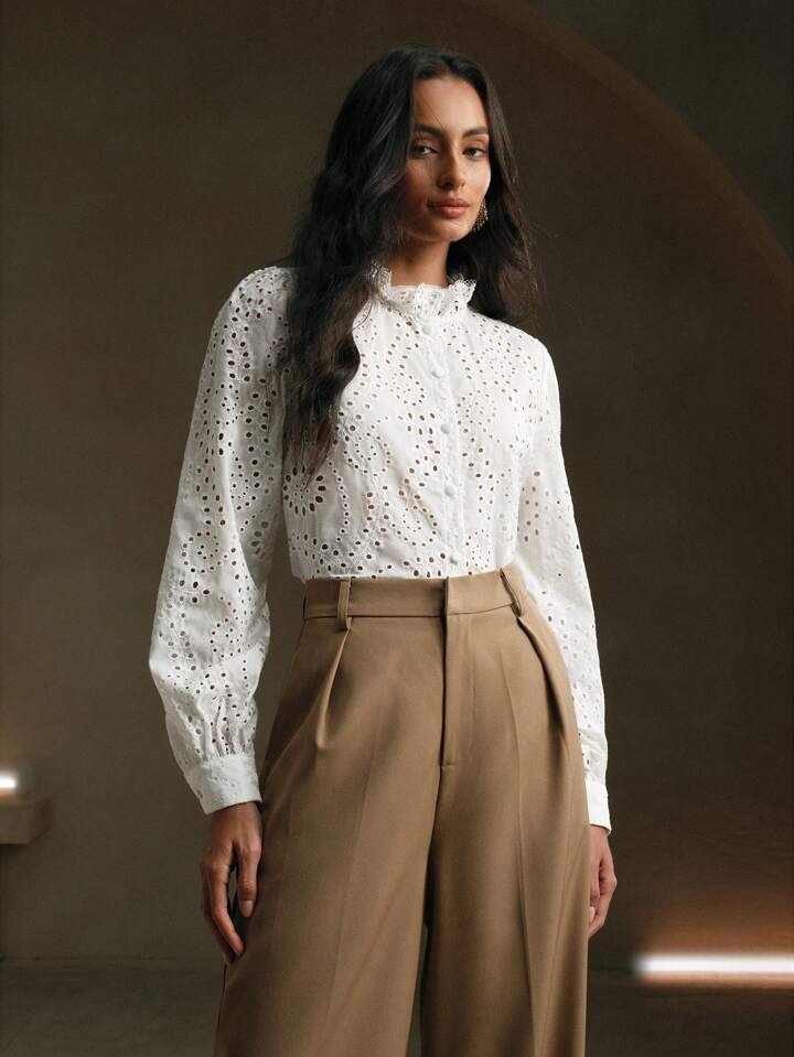 CM-TS725422 Women Trendy Bohemian Style Lace Hollow Stand Collar Lantern Sleeve Blouse - White