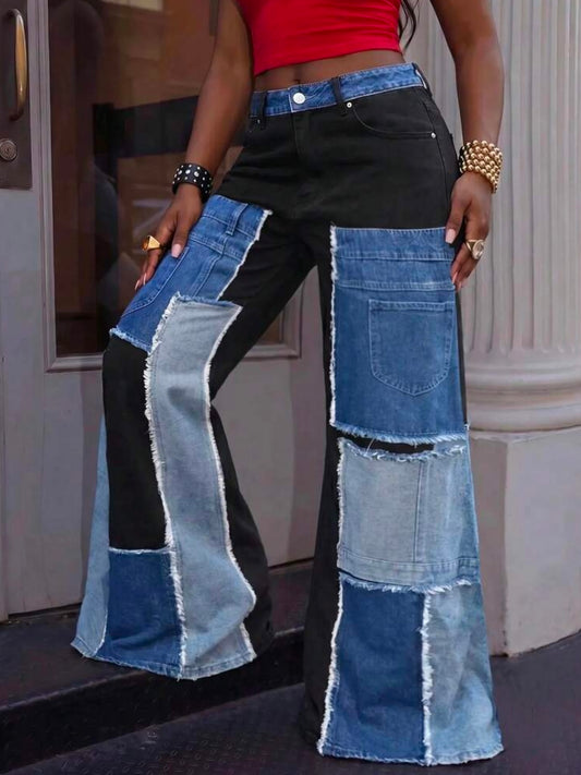 CM-BS132195 Women Casual Seoul Style Patchwork Low Waist Extra Long Wide Leg Denim Pants