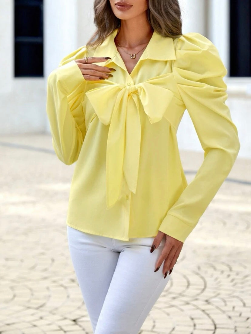 CM-TS822116 Women Casual Seoul Style Collar Neckline Tie Front Gigot Sleeve Shirt - Yellow
