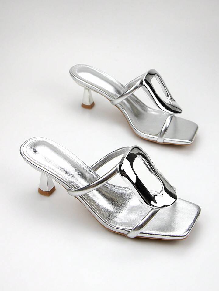 CM-SHS263007 Women Trendy Seoul Style Metallic Buckle Decor Open Toe Mid Heel Mules - Silver
