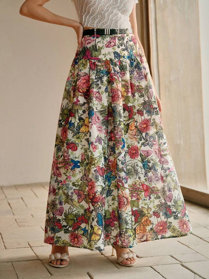 CM-BS435579 Women Elegant Seoul Style High Waist Butterfly Print Belted A-Line Hem Long Skirt