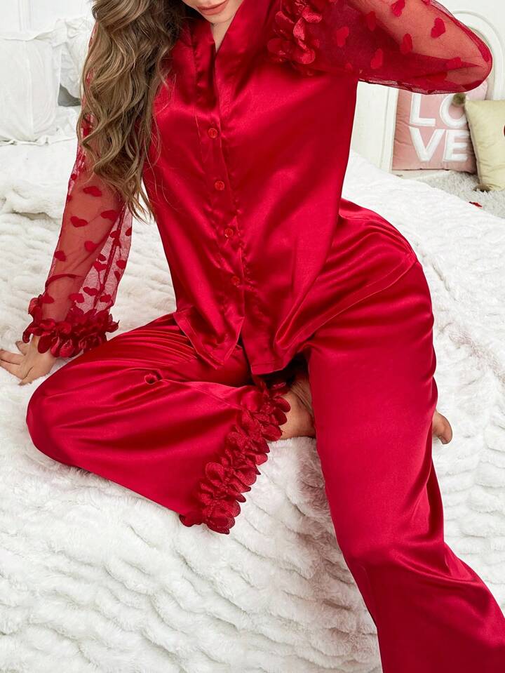 CM-LS535185 Women Trendy Seoul Style 3D Floral Lace Heart Mesh Satin Pajama Set - Red