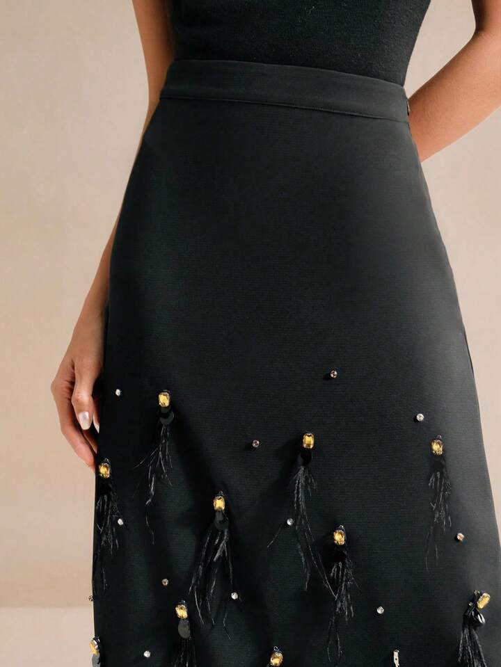 CM-BS606440 Women Elegant Seoul Style Beaded And Rhinestone Decor Feather A-Line Skirt - Black