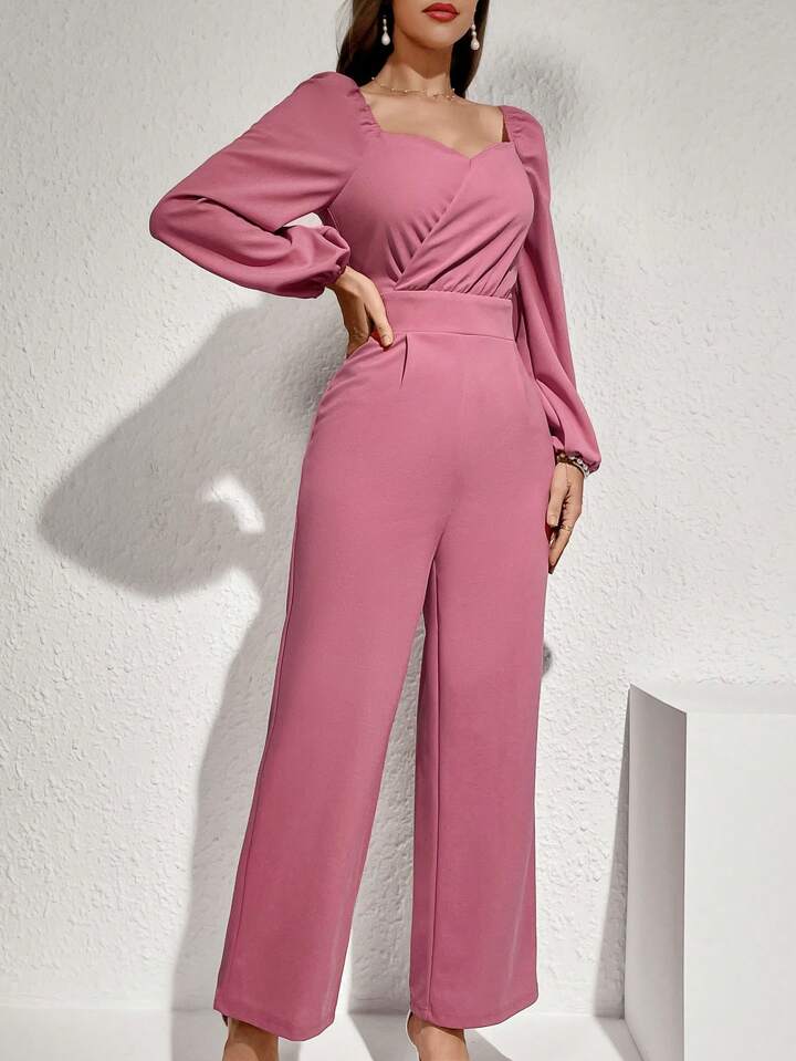CM-JS298299 Women Elegant Seoul Style High Neck Lantern Sleeve Jumpsuit - Pink