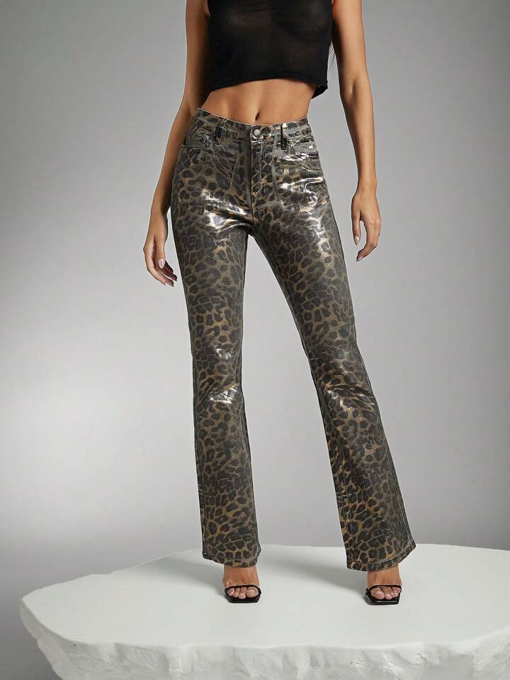 CM-BS981559 Women Casual Seoul Style Leopard Print Pocket Flared Extra Long Denim Jeans