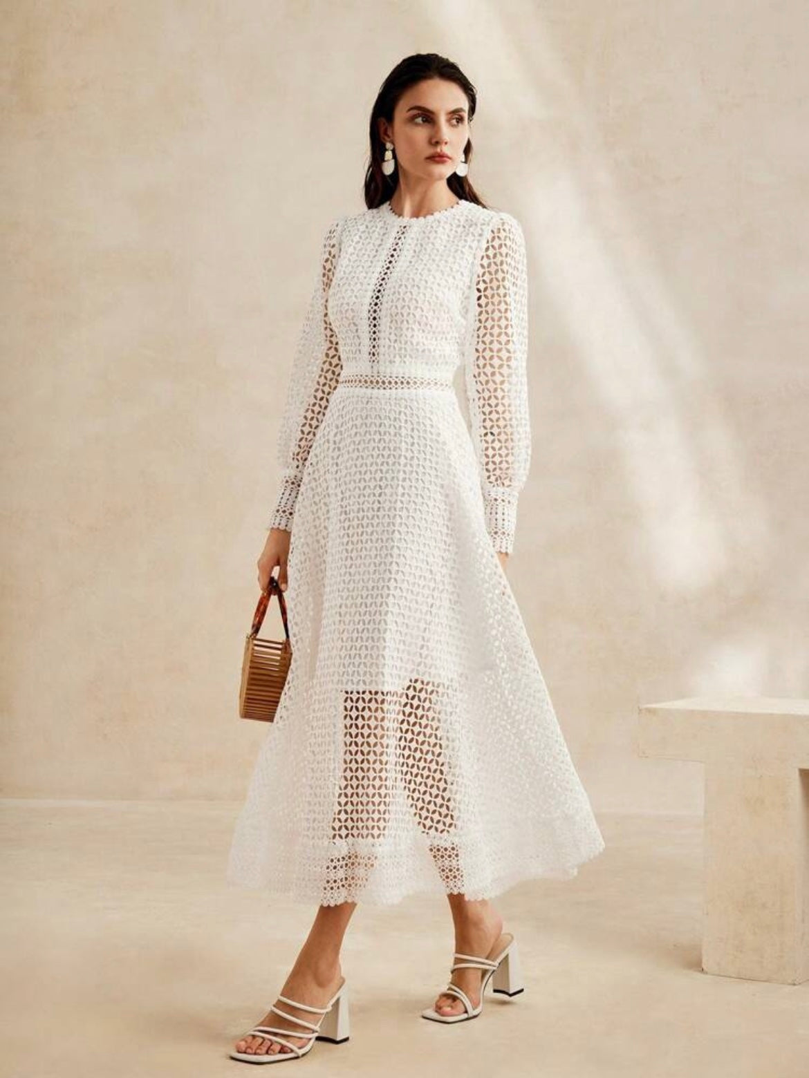 CM-DS007754 Women Elegant Seoul Style Round Neck Flounce Sleeve Floral Patchwork A-Line Dress - White