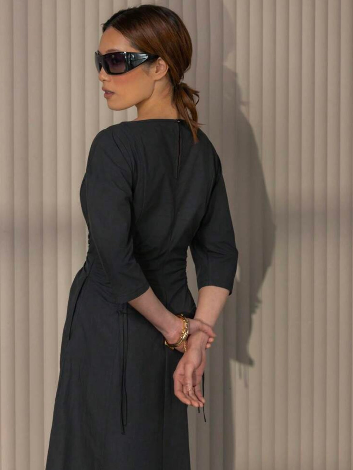 CM-DS168360 Women Elegant Seoul Style Crew Neck 3/4 Puff Sleeve Cinch-Waist A-Line Midi Dress