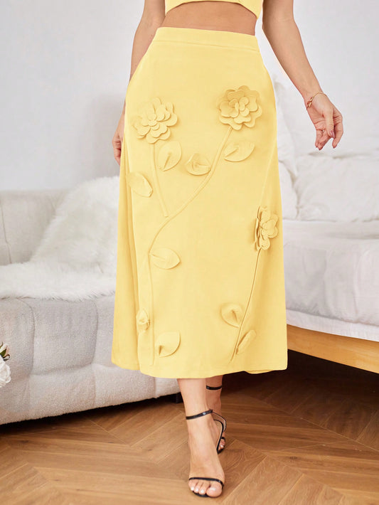 CM-BS799367 Women Elegant Seoul Style 3D Floral Decorated A-Line Skirt - Yellow