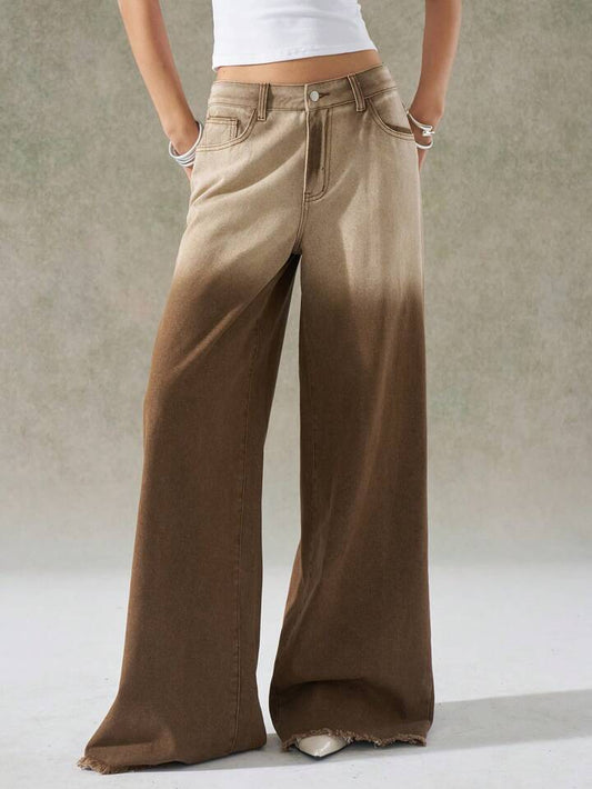 CM-BS097539 Women Casual Seoul Style Washed Ombre Wide Leg Jeans - Coffee Brown
