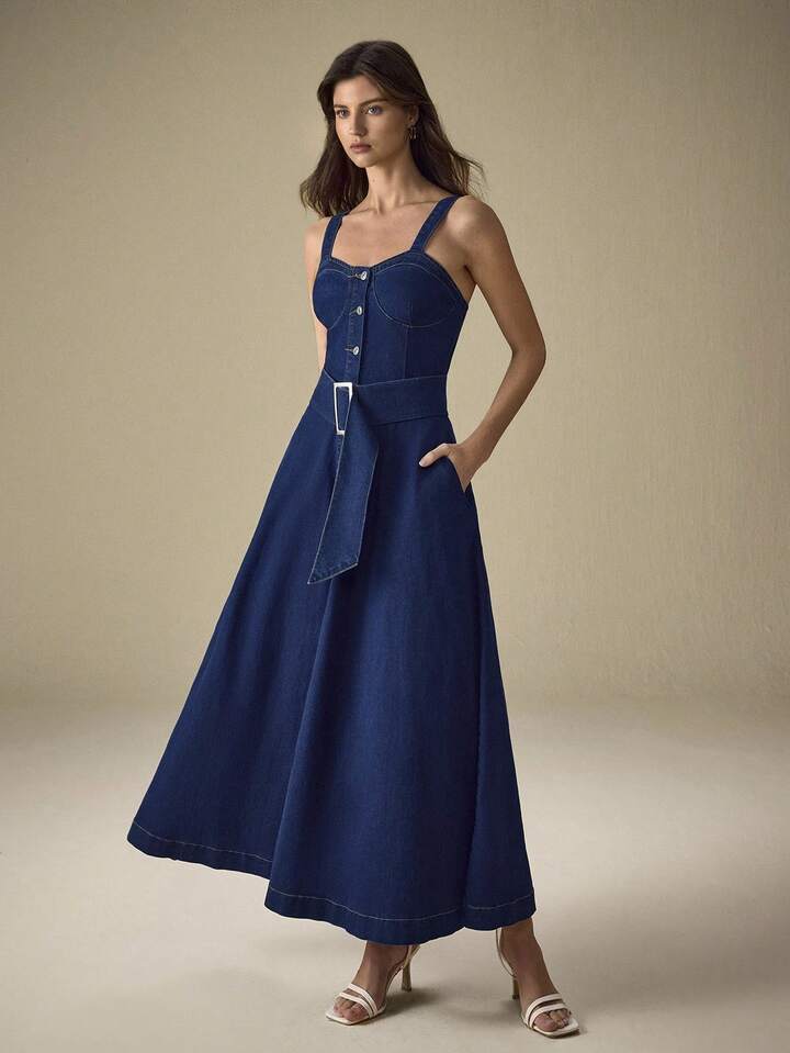 CM-DS980065 Women Elegant Seoul Style Dark Wash Straps Neckline Sleeveless Button Front Buckle Belted Denim Dress